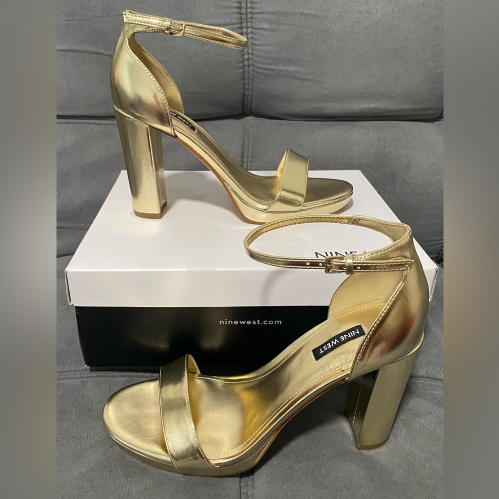 Nine West Women’s Elope Metallic Gold Block Heel Dress Sandals sz 10 NWT $70
